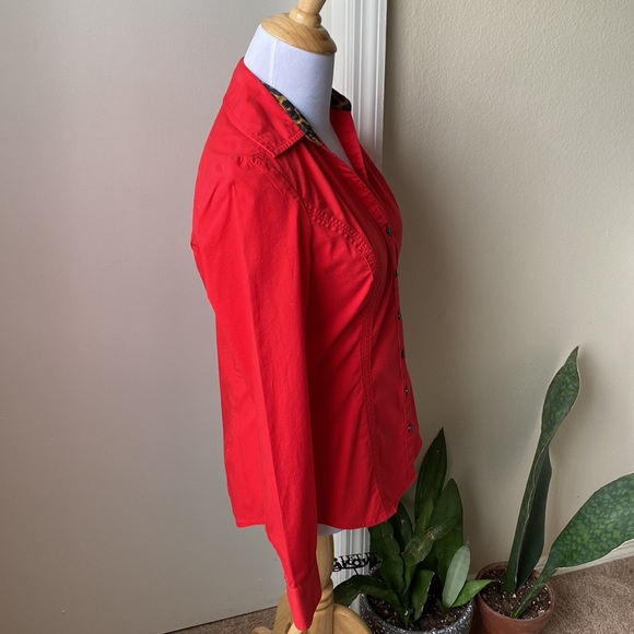 FINAL SALE Red express button down with leopard accents - Picture 4 of 10